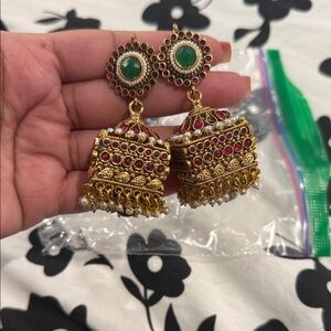 Elegant Gold and Red Jhumka Earrings